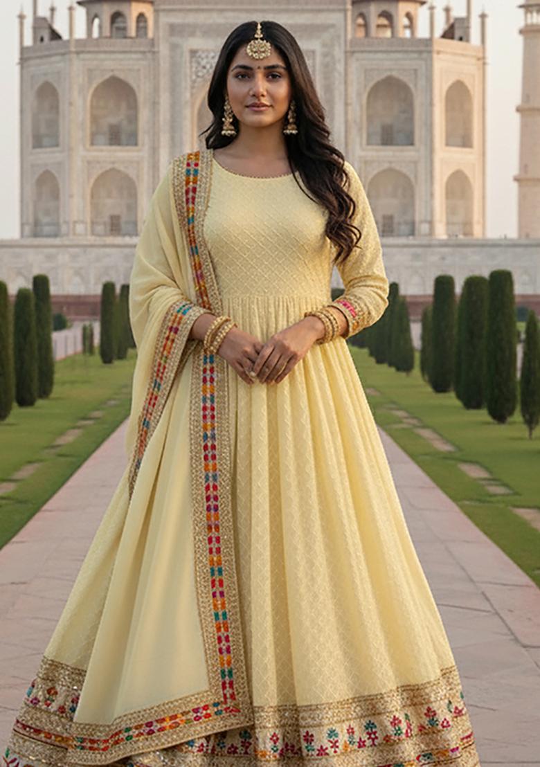 Light Yellow Embroidery Georgette Anarkali Set - Indya