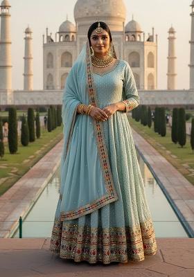 Sky Blue Embroidery Georgette Anarkali Set