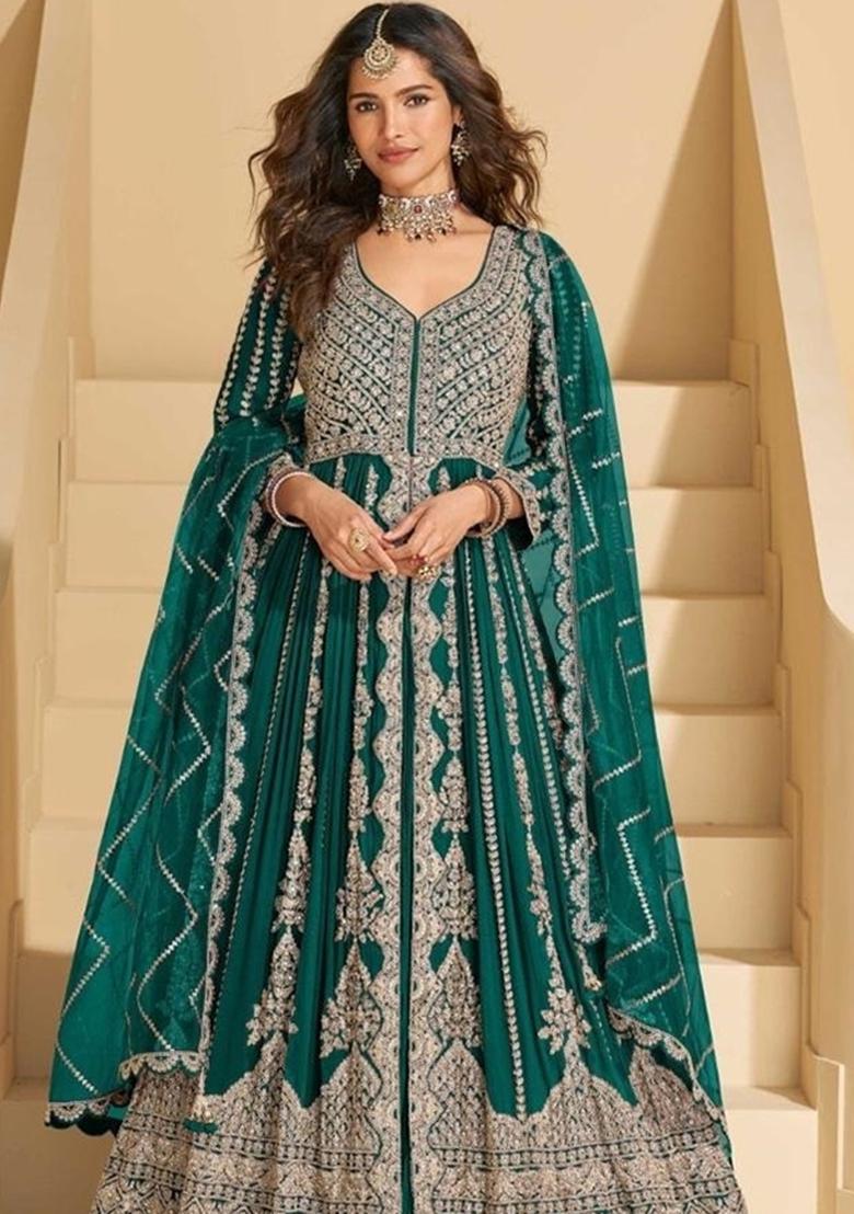 Green Embroidery Chinon Anarkali Set - Indya