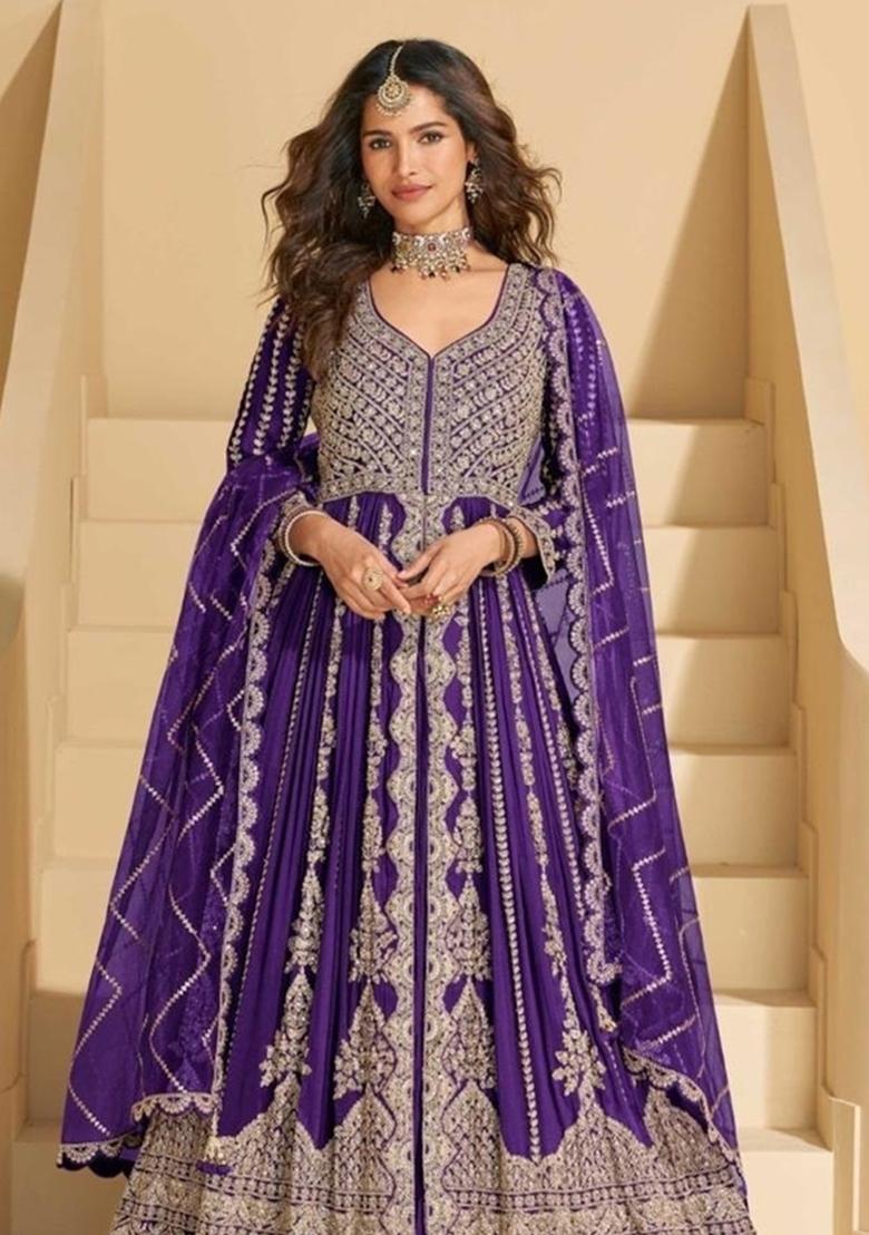 Purple Embroidery Chinon Anarkali Set - Indya