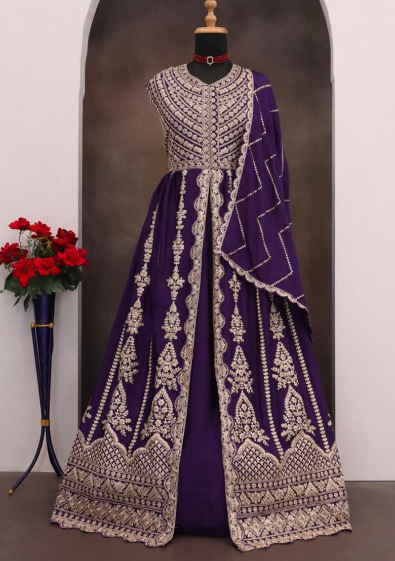 Purple Embroidery Chinon Anarkali Set - Indya