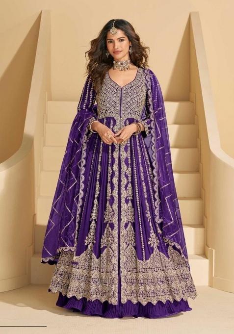 Purple Embroidery Chinon Anarkali Set