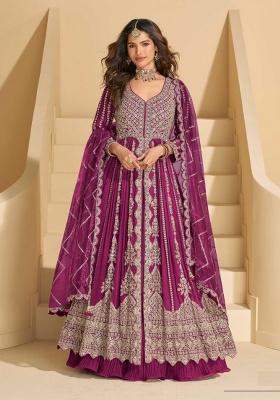 Rani Pink Embroidery Chinon Anarkali Set