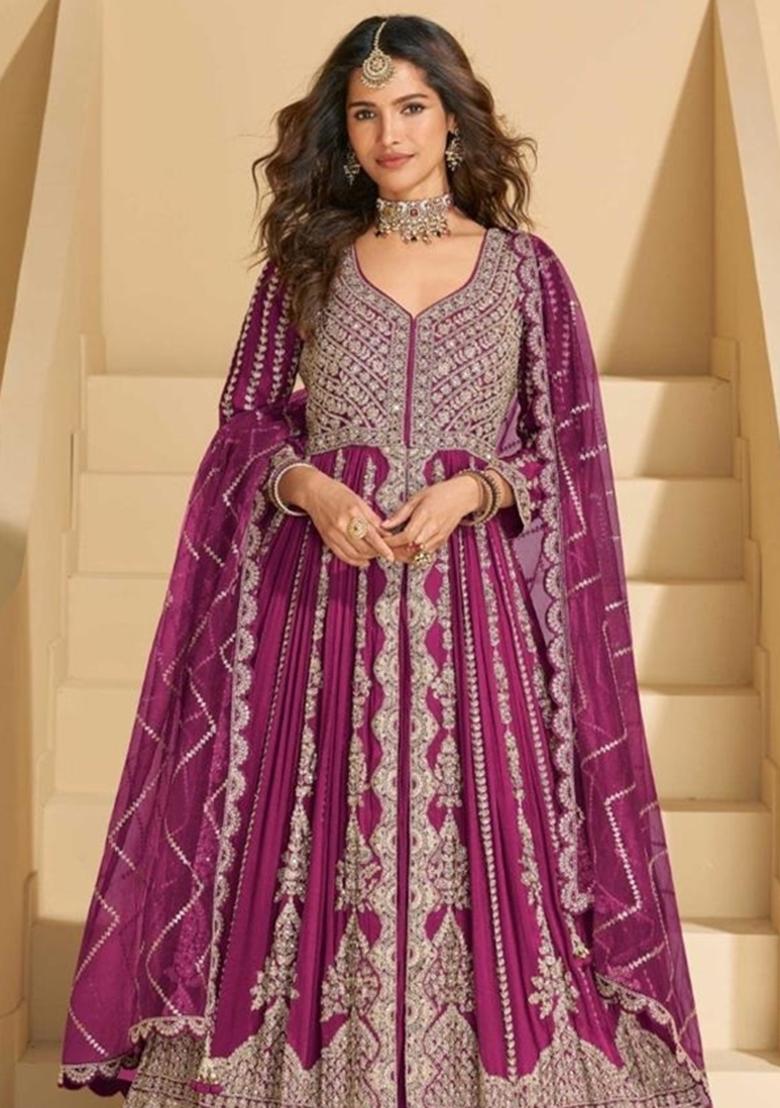 Rani Pink Embroidery Chinon Anarkali Set - Indya