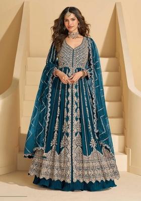 Rama Blue Embroidery Chinon Anarkali Set