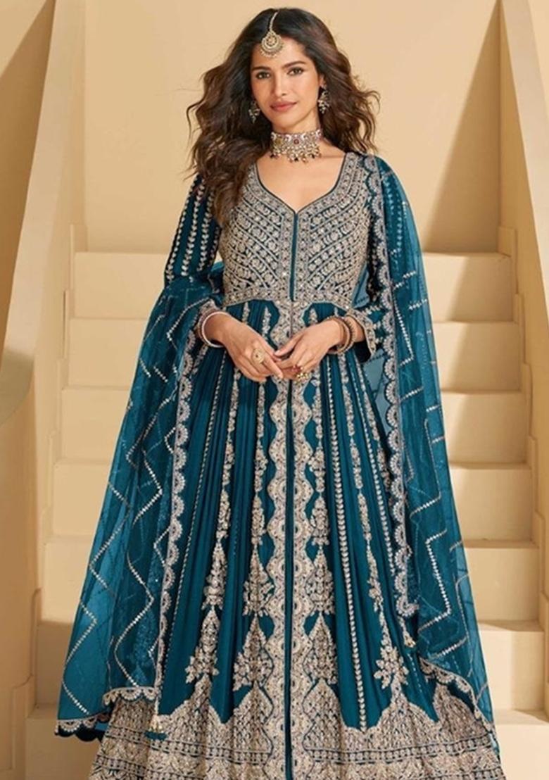 Rama Blue Embroidery Chinon Anarkali Set - Indya