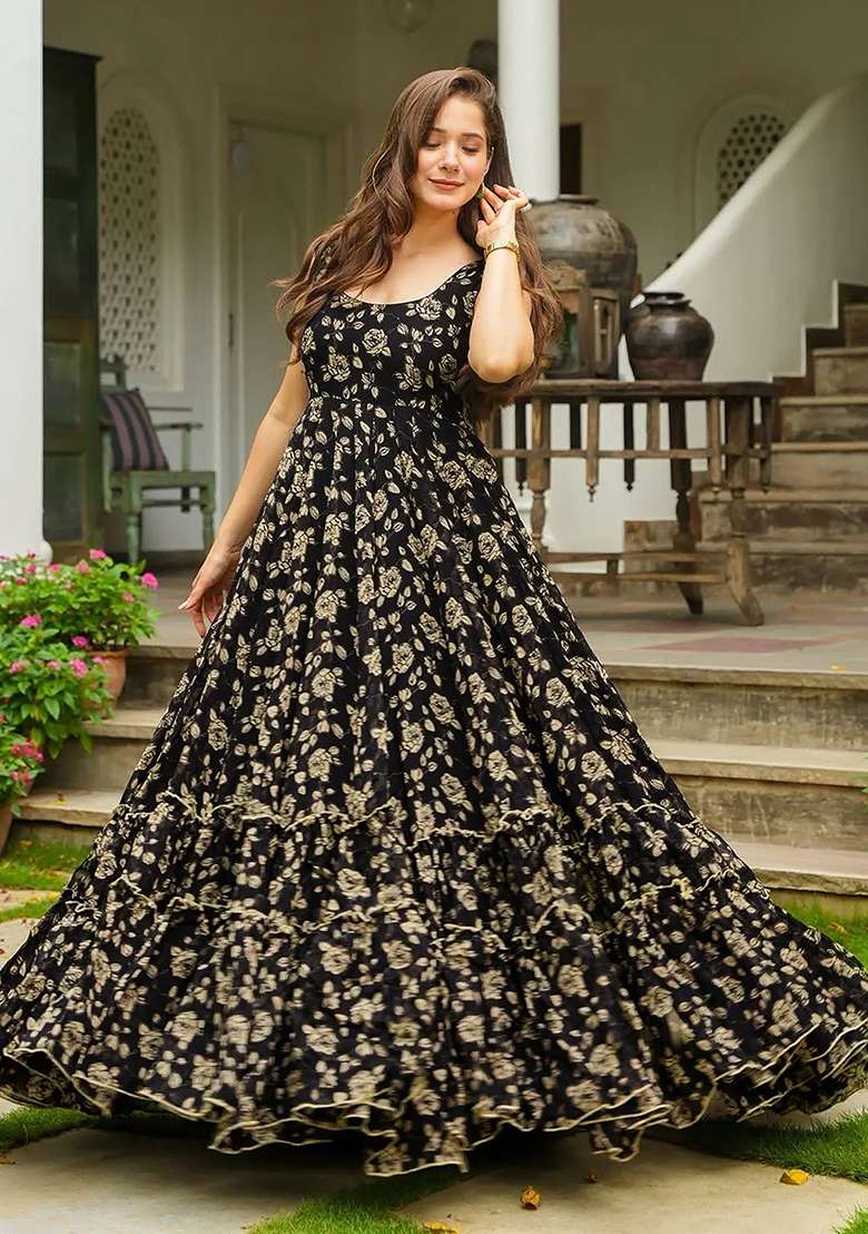 Black And Crem Floral Print Georgette Gown - Indya