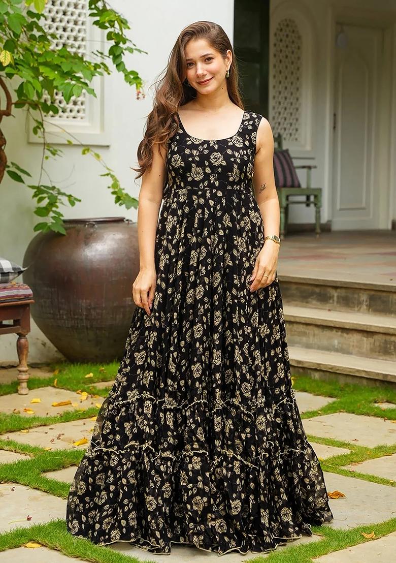 Black And Crem Printed Georgette Gown - Indya