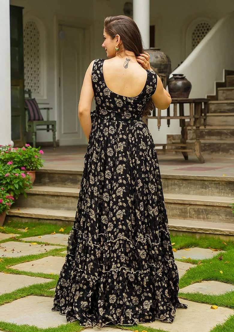 Black And Crem Floral Print Georgette Gown - Indya