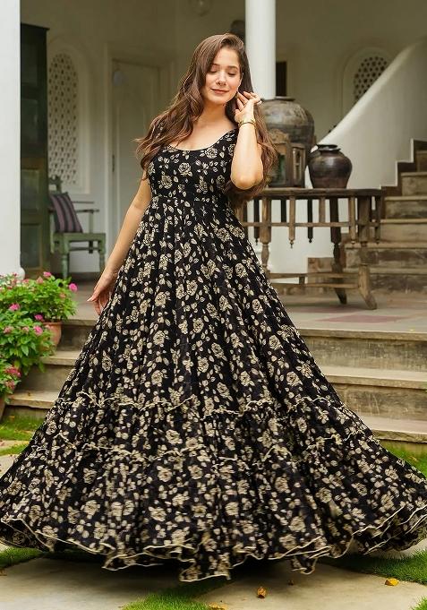 Black And Crem Printed Georgette Gown