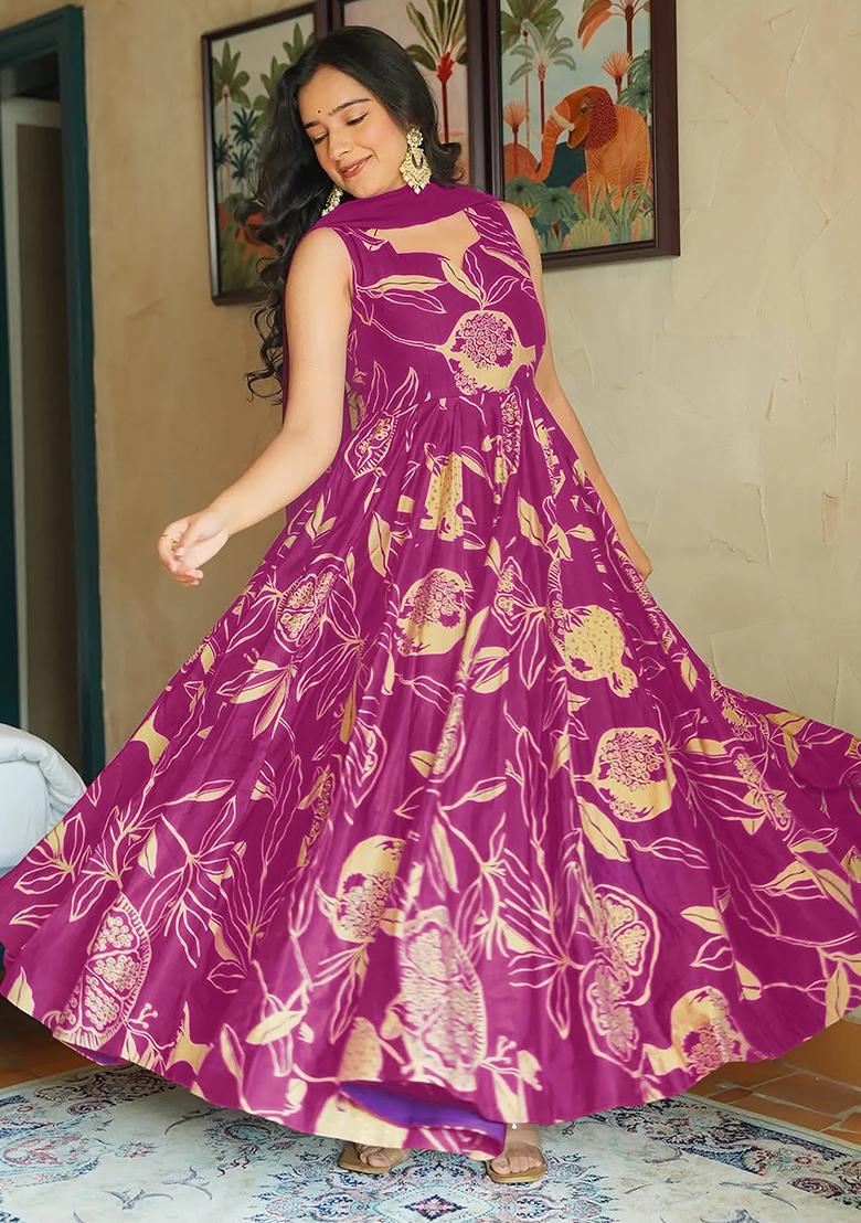 Pink And Gold Printed Heavy Rayon Gown - Indya