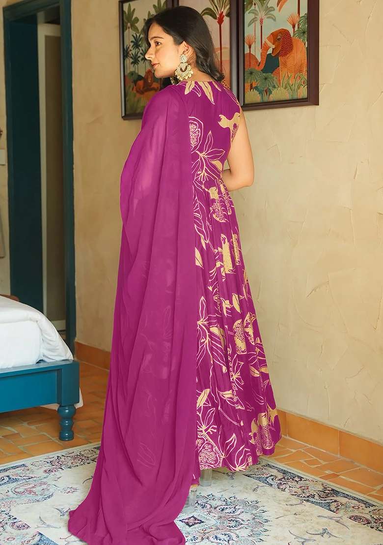 Pink And Floral Print Rayon Anarkali Set - Indya