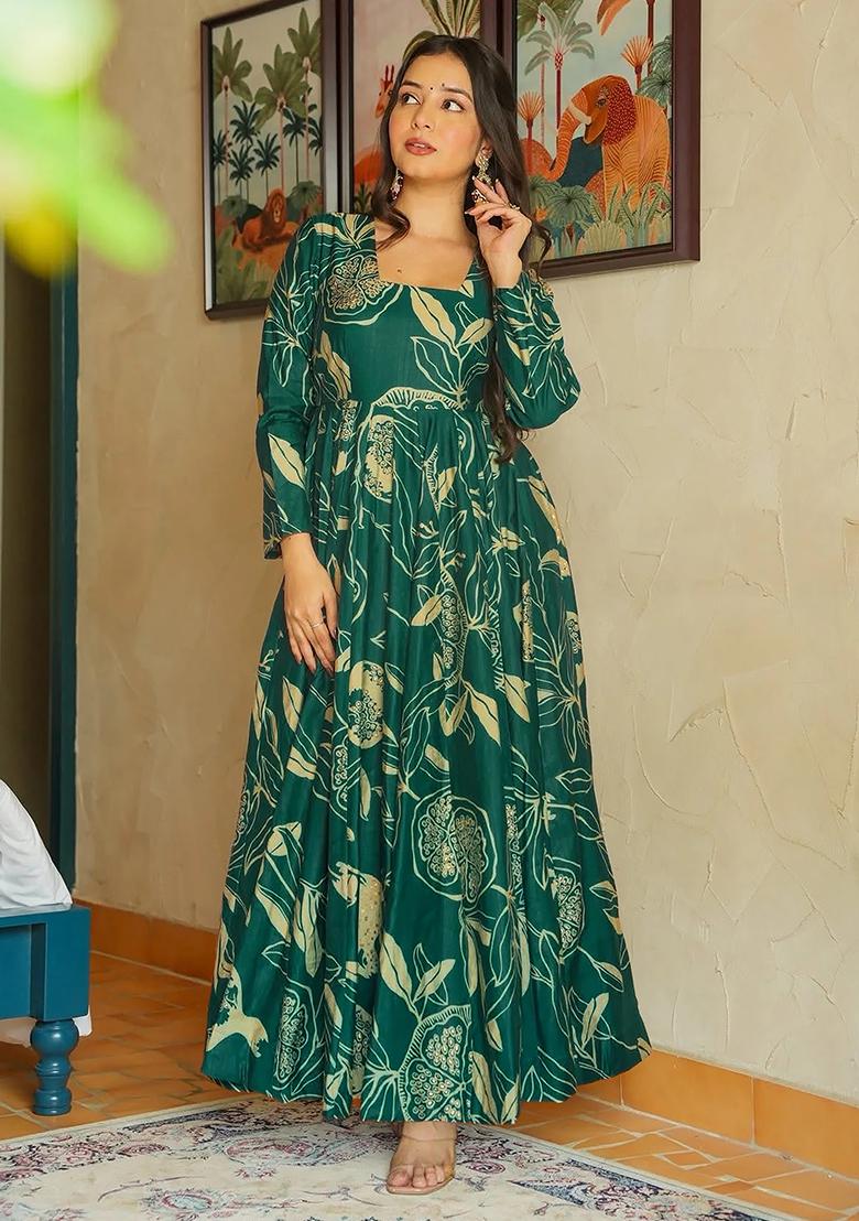 Rama And Gold Printed Heavy Rayon Gown - Indya