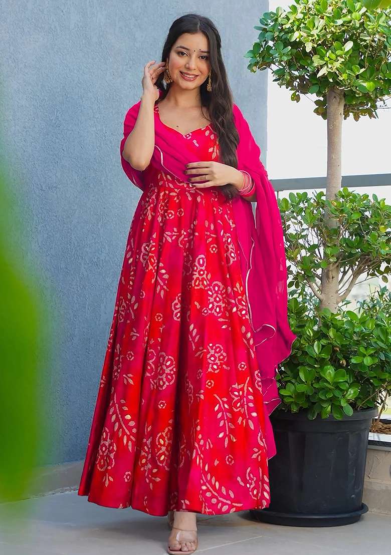 Red Bandhani Rayon Anarkali Set - Indya