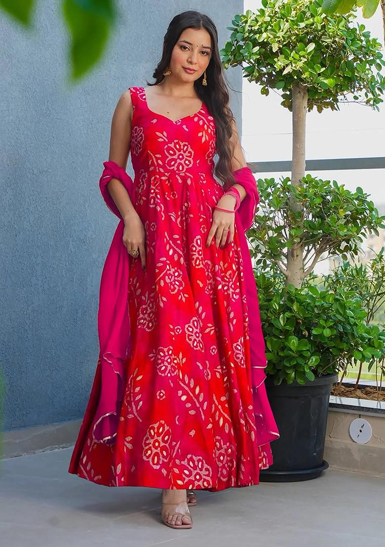 Red Printed Heavy Rayon Gown - Indya