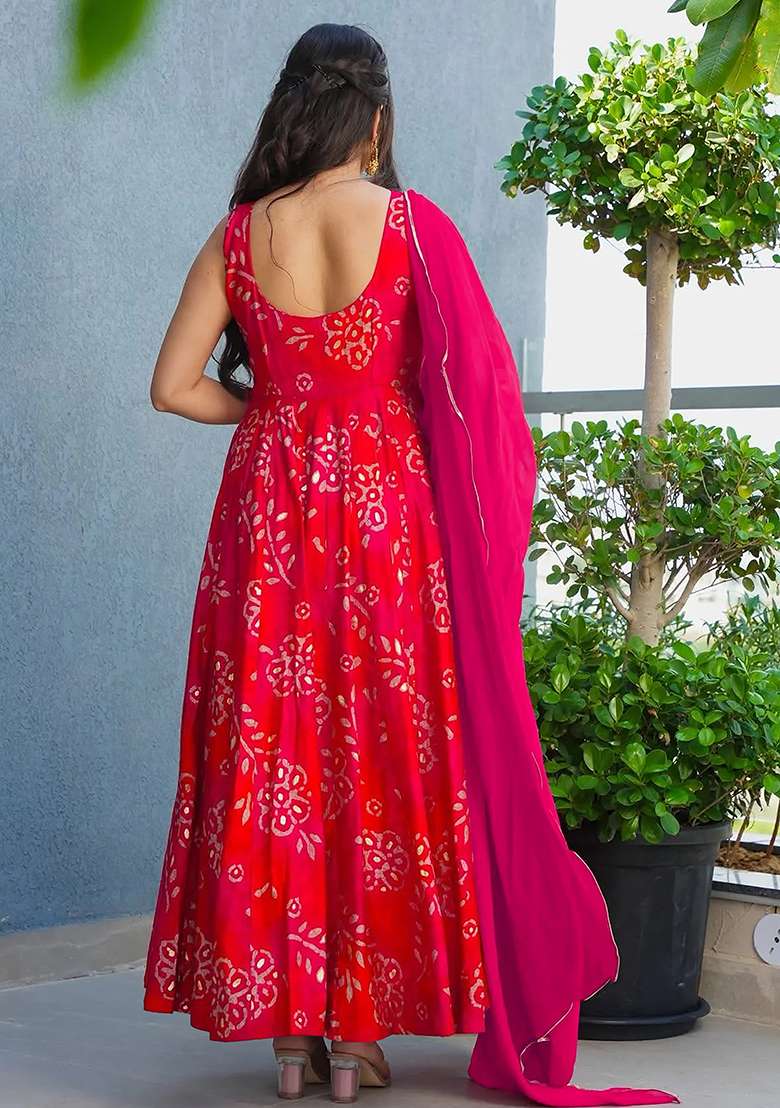 Red Bandhani Rayon Anarkali Set - Indya