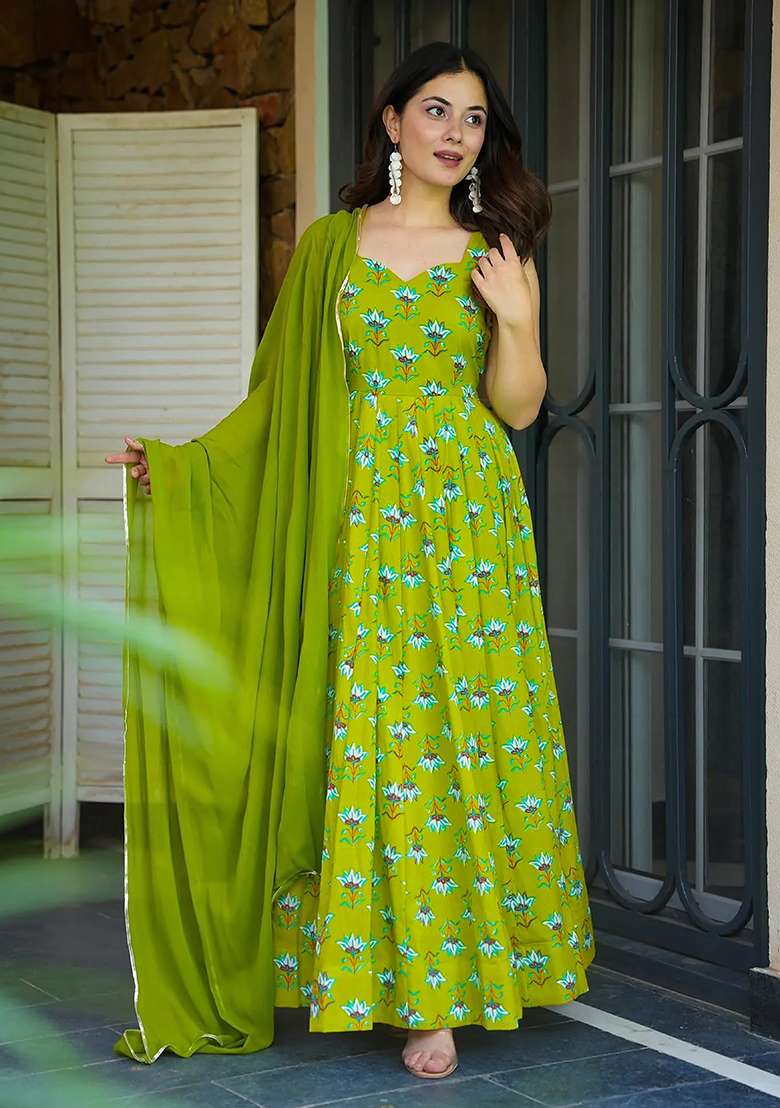 Pista Floral Print Rayon Anarkali Set - Indya