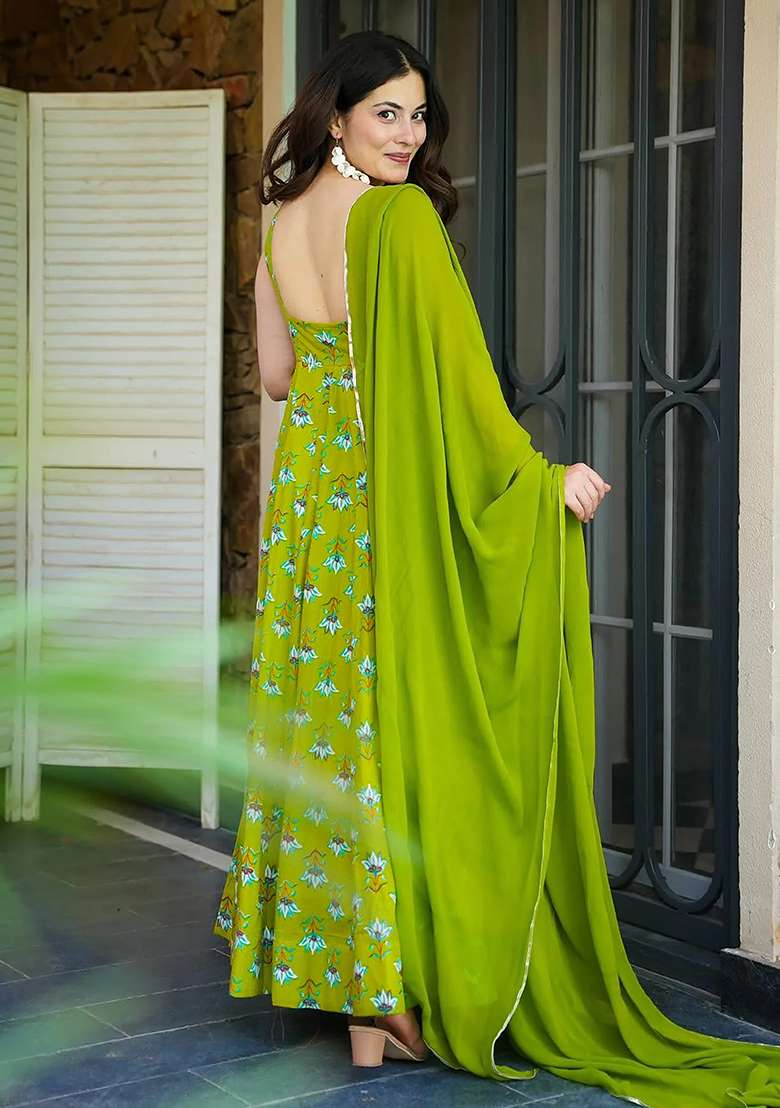 Pista Floral Print Rayon Anarkali Set - Indya