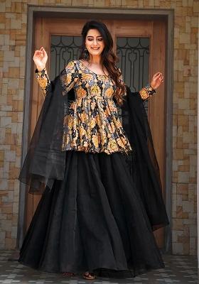 Black Printed Silk Sharara Set