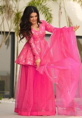Pink Printed Silk Sharara Set