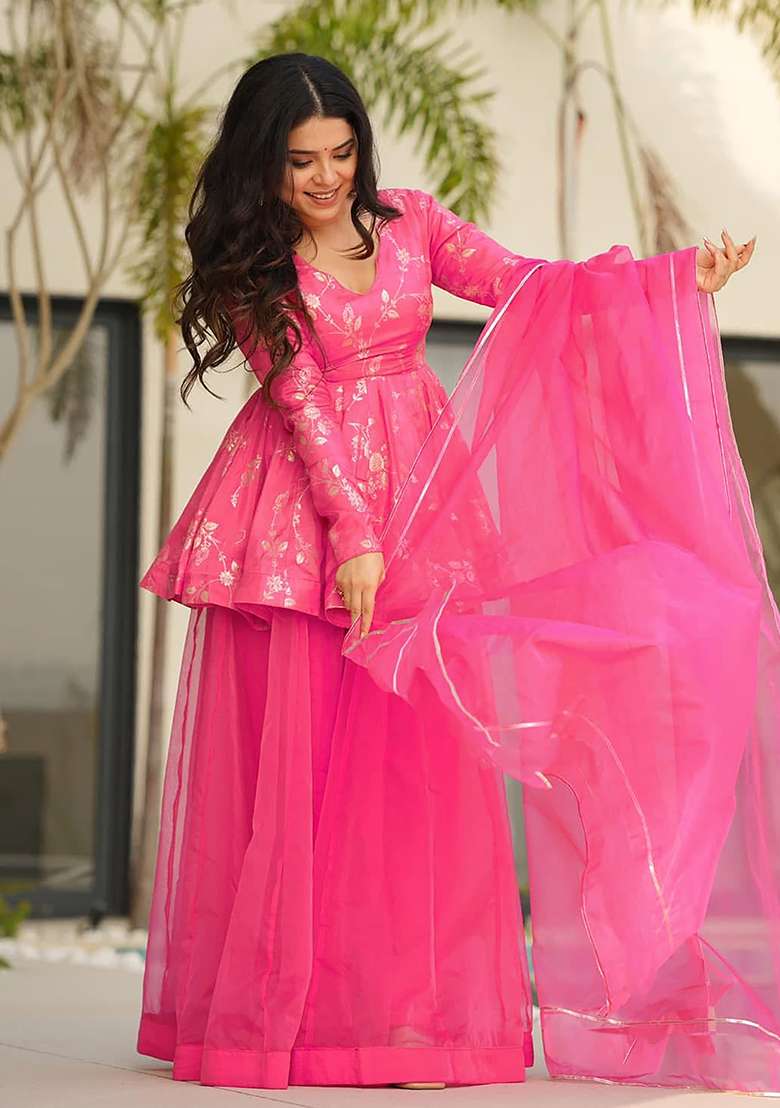 Pink Printed Silk Sharara Set - Indya