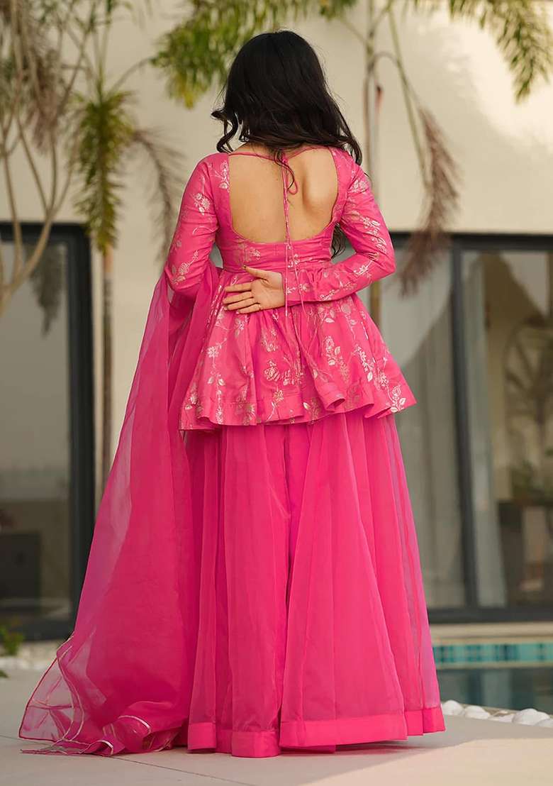 Pink Printed Silk Sharara Set - Indya