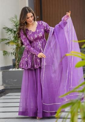 Purple Printed Silk Sharara Set