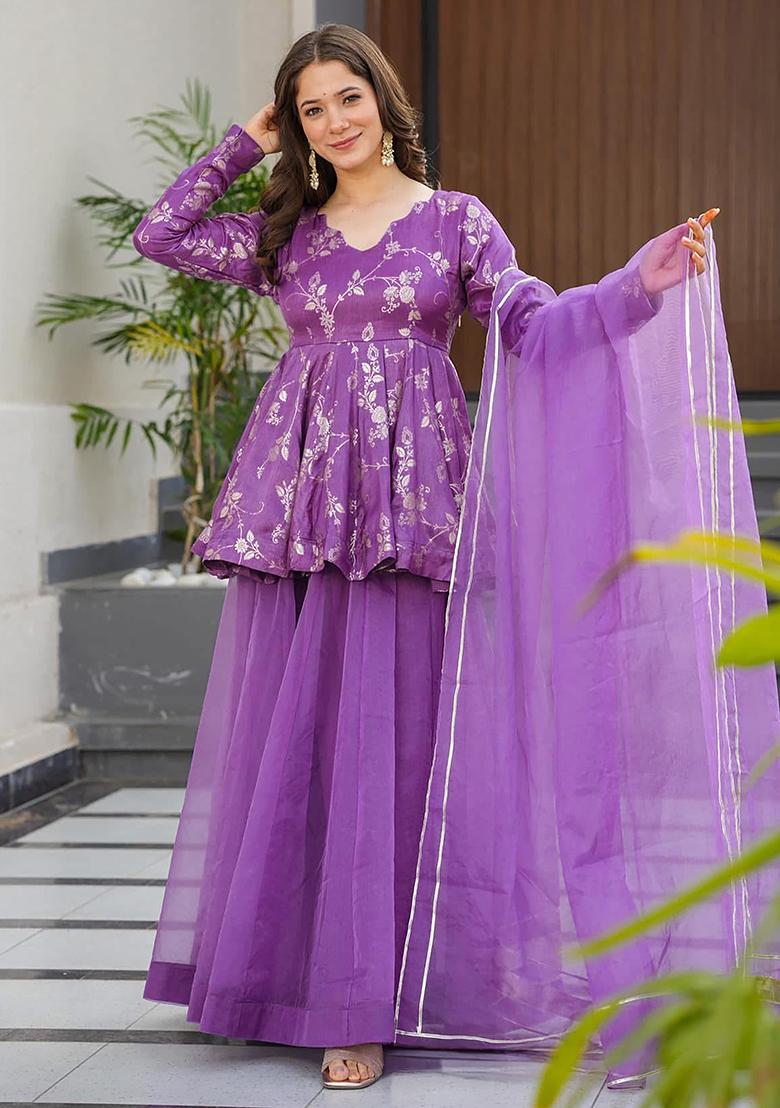 Purple Printed Silk Sharara Set - Indya