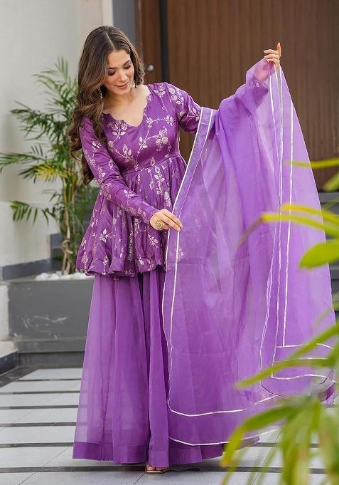 Purple Printed Silk Sharara Set