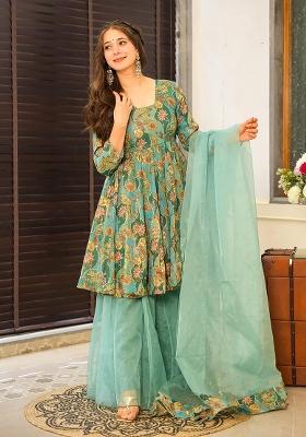 Mint Teal Green Printed Silk Sharara Set