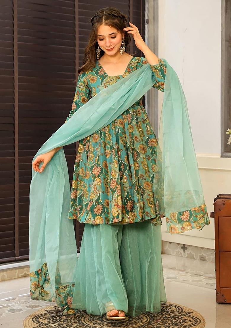Mint Teal Green Printed Silk Sharara Set - Indya