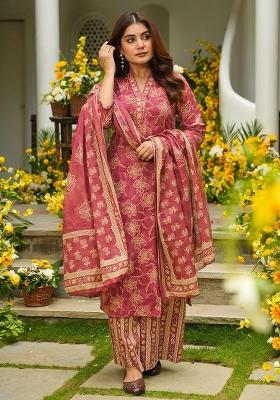 Red Printed Maslin&nbsp; Kurta Set