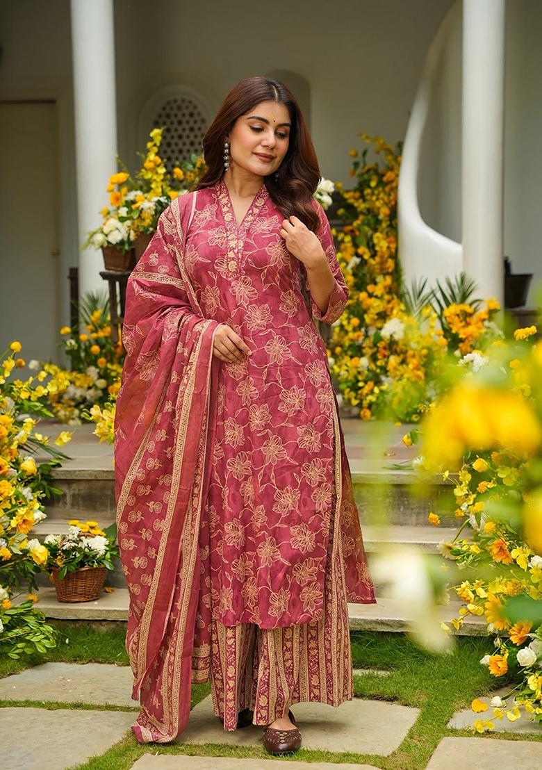 Red Printed Maslin&nbsp; Kurta Set - Indya