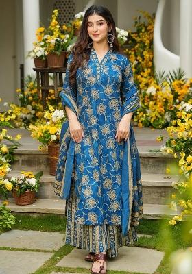 Blue Printed Maslin&nbsp; Kurta Set