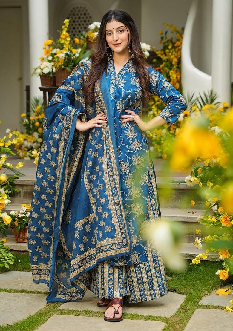 Blue Printed Maslin&nbsp; Kurta Set - Indya