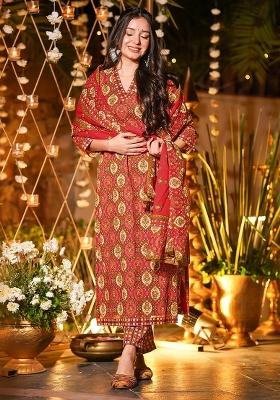 Red Printed Maslin&nbsp; Kurta Set