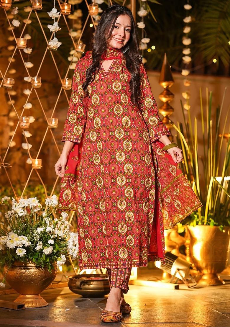 Red Printed Maslin&nbsp; Kurta Set - Indya