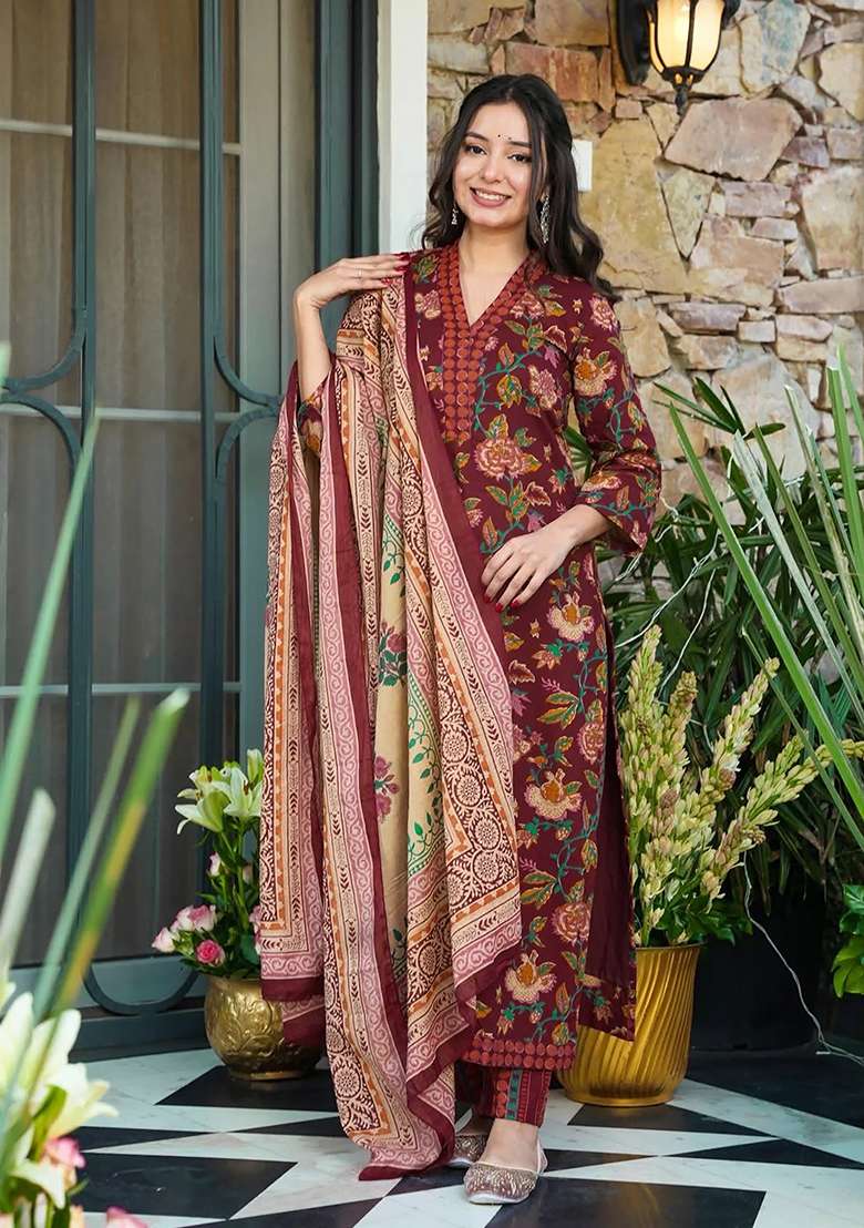 Maroon Printed Maslin&nbsp; Kurta Set - Indya