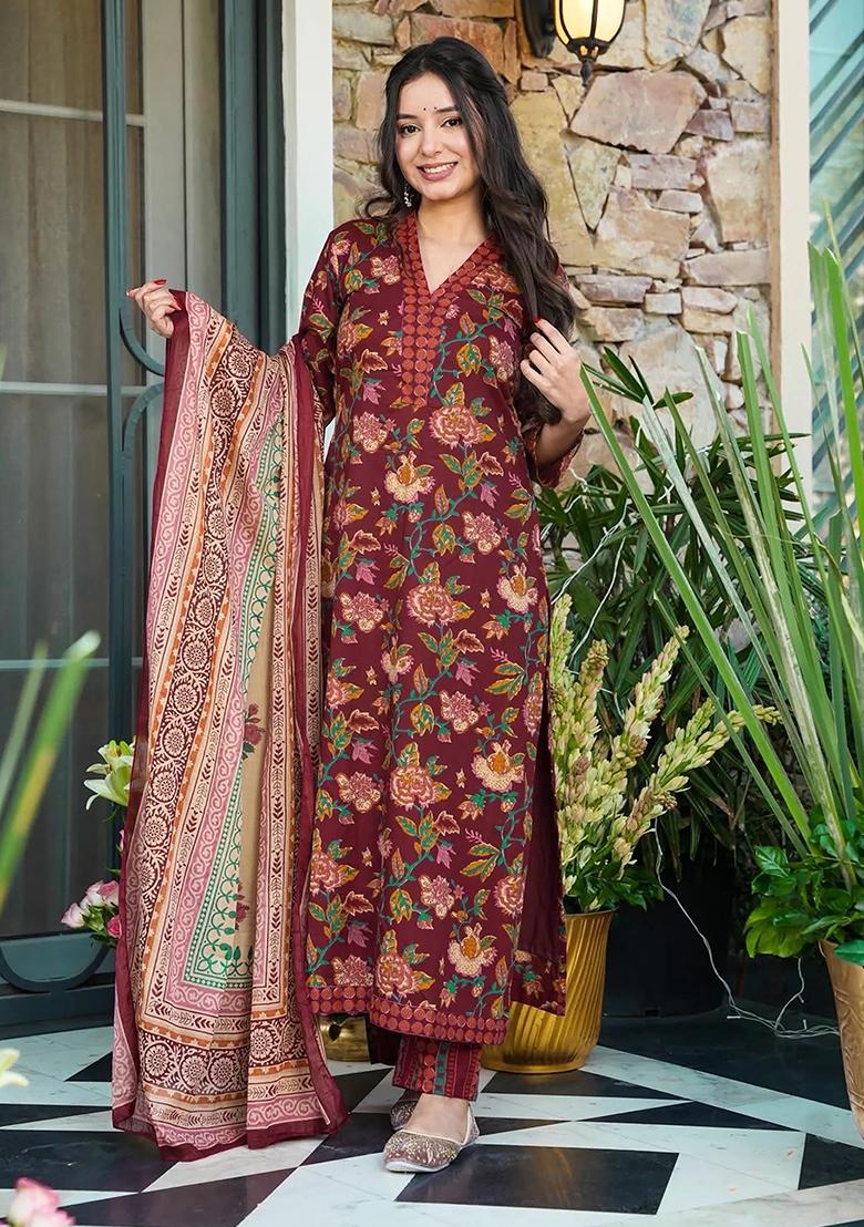 Maroon Printed Maslin&nbsp; Kurta Set - Indya