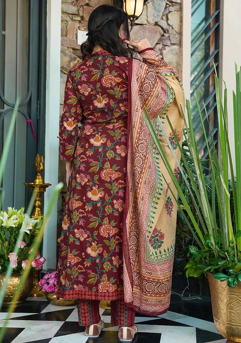 Maroon Printed Maslin&nbsp; Kurta Set - Indya