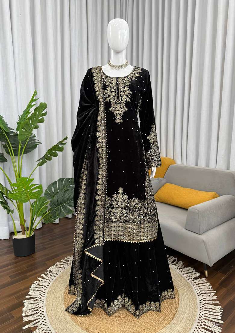 Black Sequence Velvet Salwar Suit - Indya