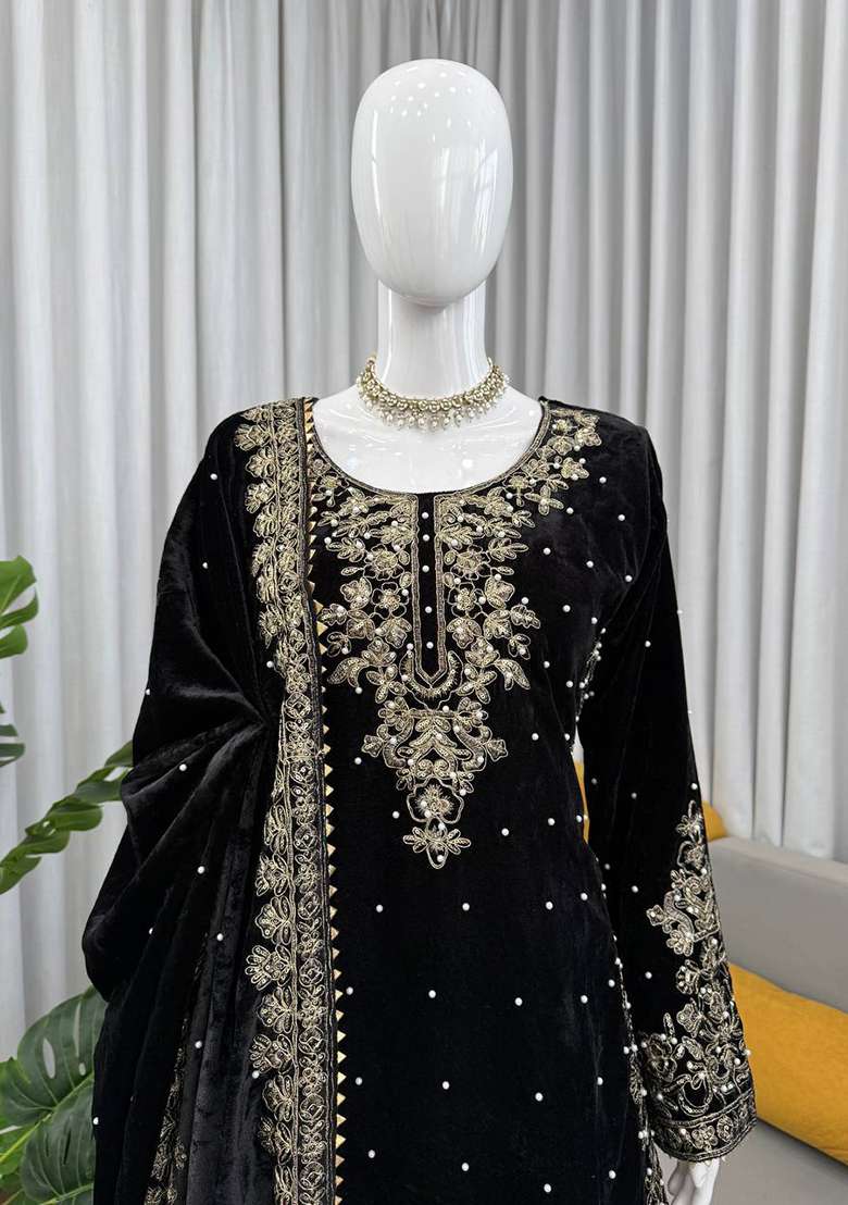 Black Sequence Velvet Salwar Suit - Indya