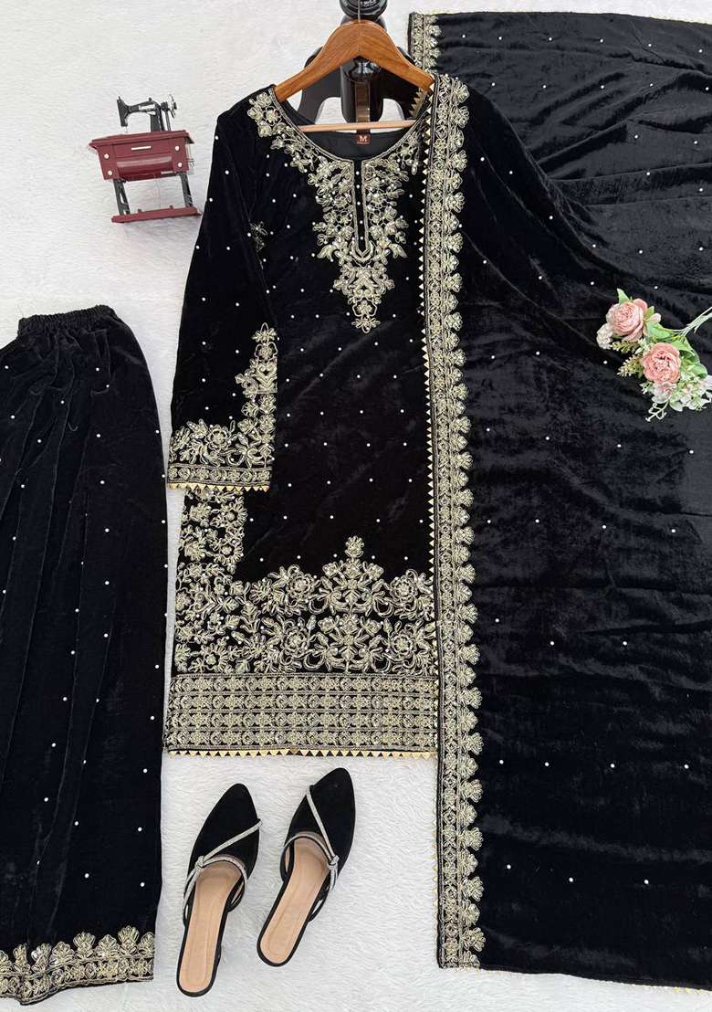 Black Sequence Velvet Salwar Suit - Indya