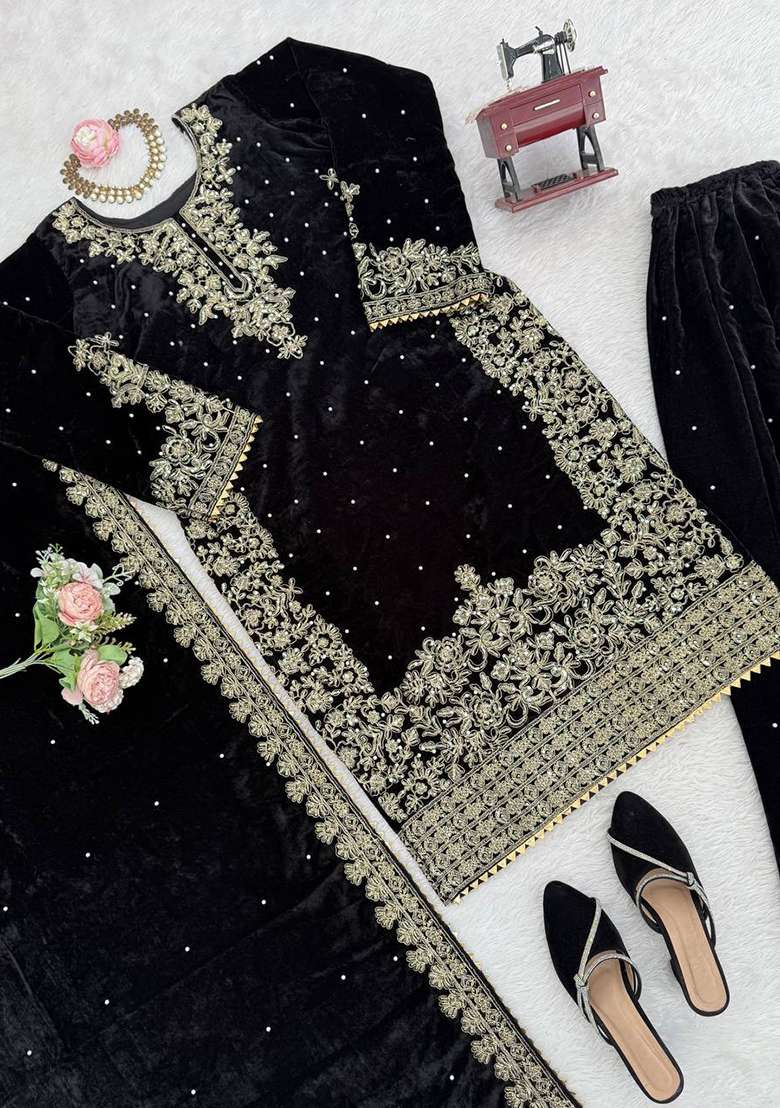 Black Sequence Velvet Salwar Suit - Indya