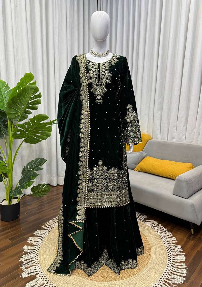 Dark Green Sequence Velvet Salwar Suit - Indya