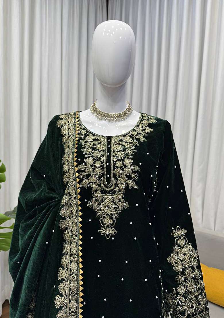 Dark Green Sequence Velvet Salwar Suit - Indya