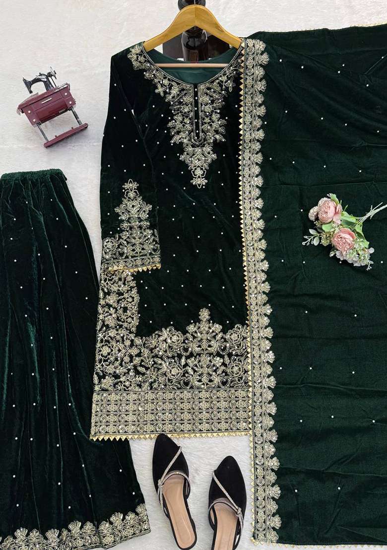 Dark Green Sequence Velvet Salwar Suit - Indya