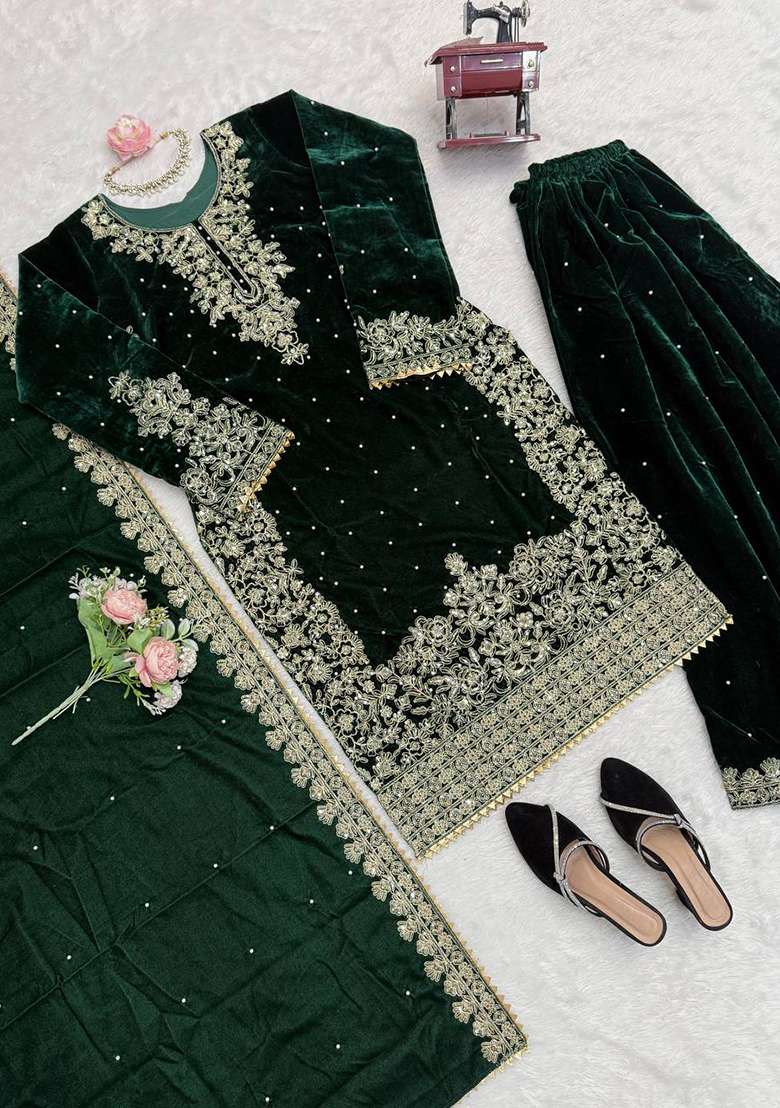 Dark Green Sequence Velvet Salwar Suit - Indya