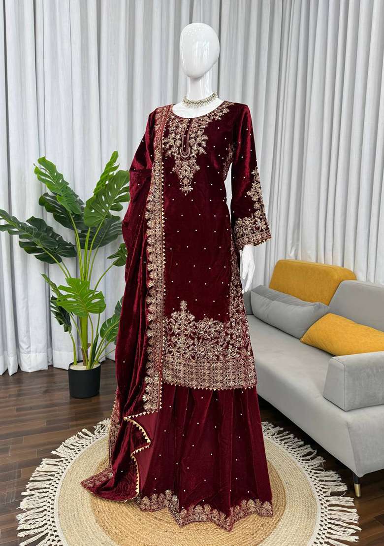 Maroon Sequence Velvet Salwar Suit - Indya