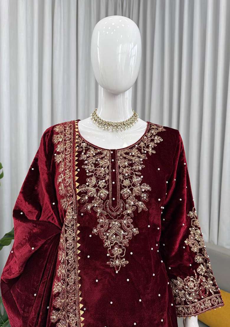 Maroon Sequence Velvet Salwar Suit - Indya